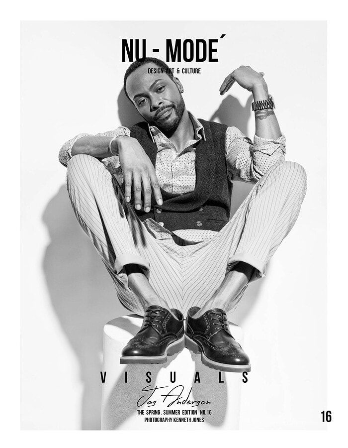 Nu-Mode Magazine cover featuring actor Jaz Anderson seated in striped trousers, a patterned shirt and dark