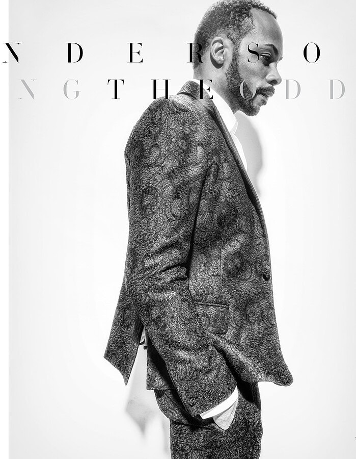Nu-Mode Magazine interview spread featuring Jaz Anderson in profile wearing a patterned suit.