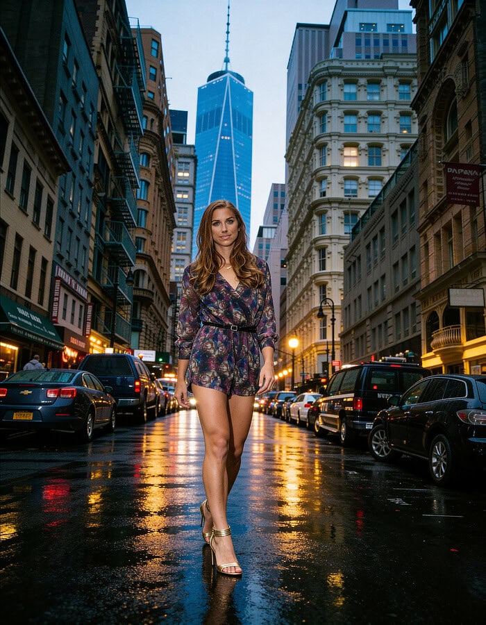 Alex Morgan walking on a wet Lower Manhattan street with One World Trade Center behind her.
