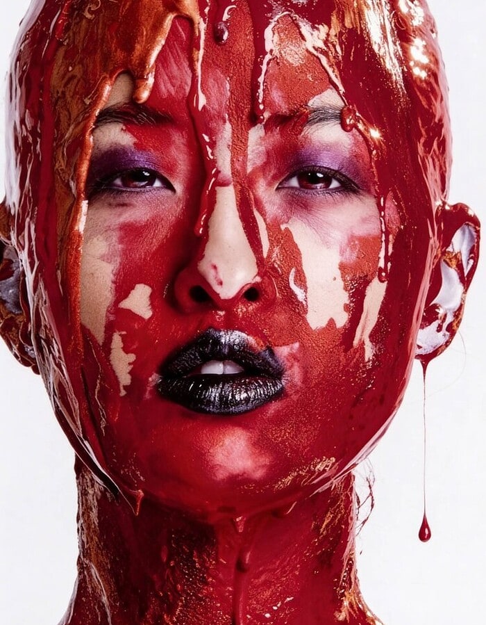 Close-up beauty portrait of Brittany with glossy red paint across her face and neck against a white background.