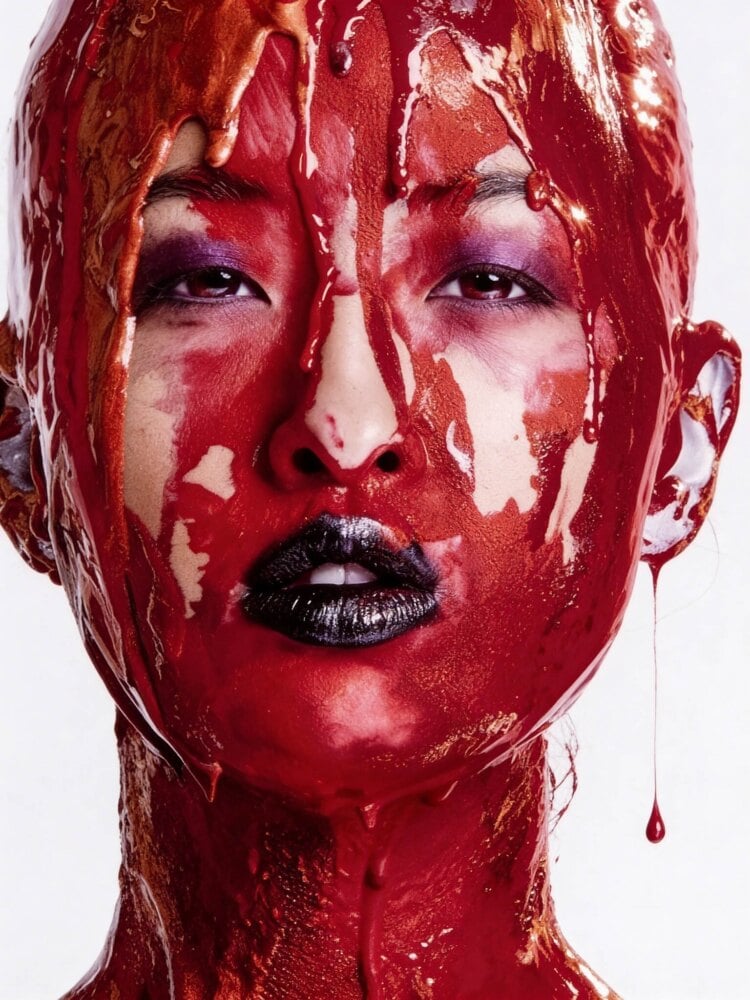 Close-up beauty portrait of Brittany with glossy red paint across her face and neck against a white background.