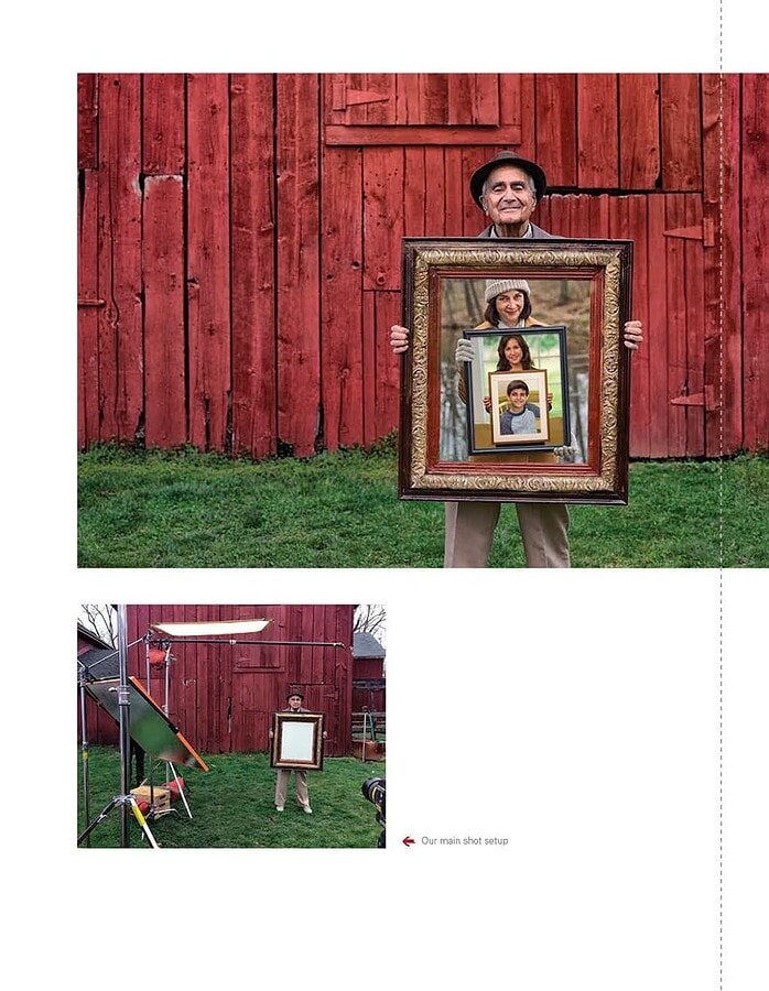 Older man holding a framed sequence of family portraits in front of a red barn for a healthcare advertisement.