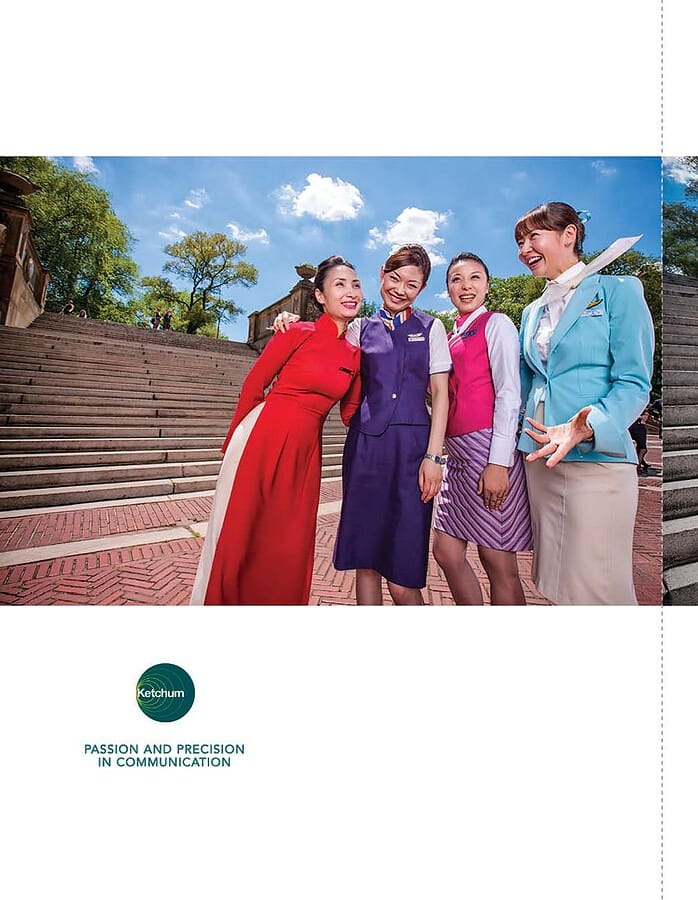 Groups of international airline flight attendants photographed on architectural steps in Central Park.