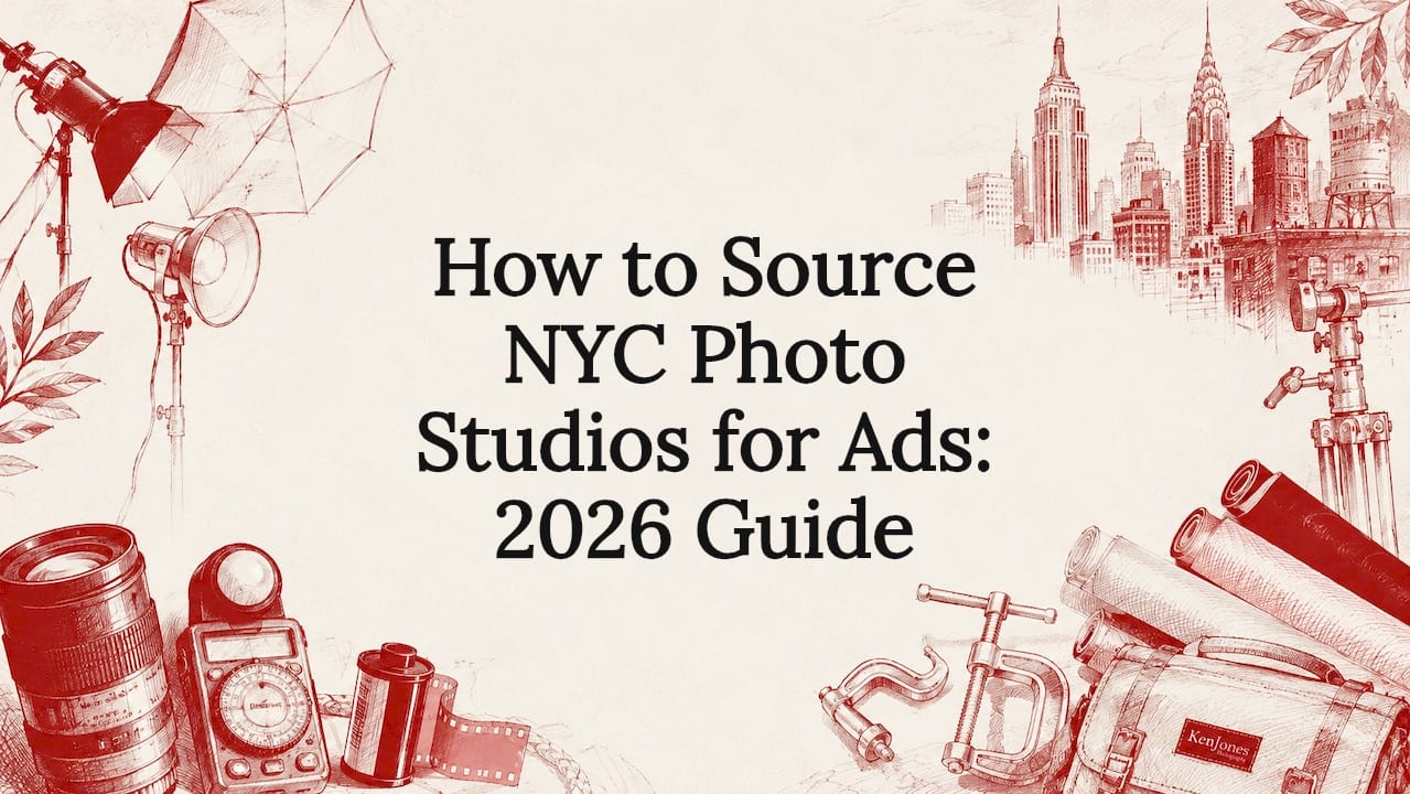 Decorative title card illustration with NYC photo studio tools