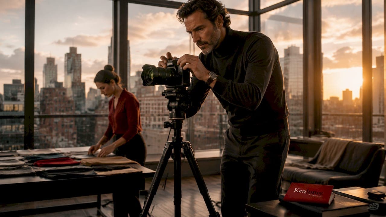 Photographer adjusting camera on advertising shoot set