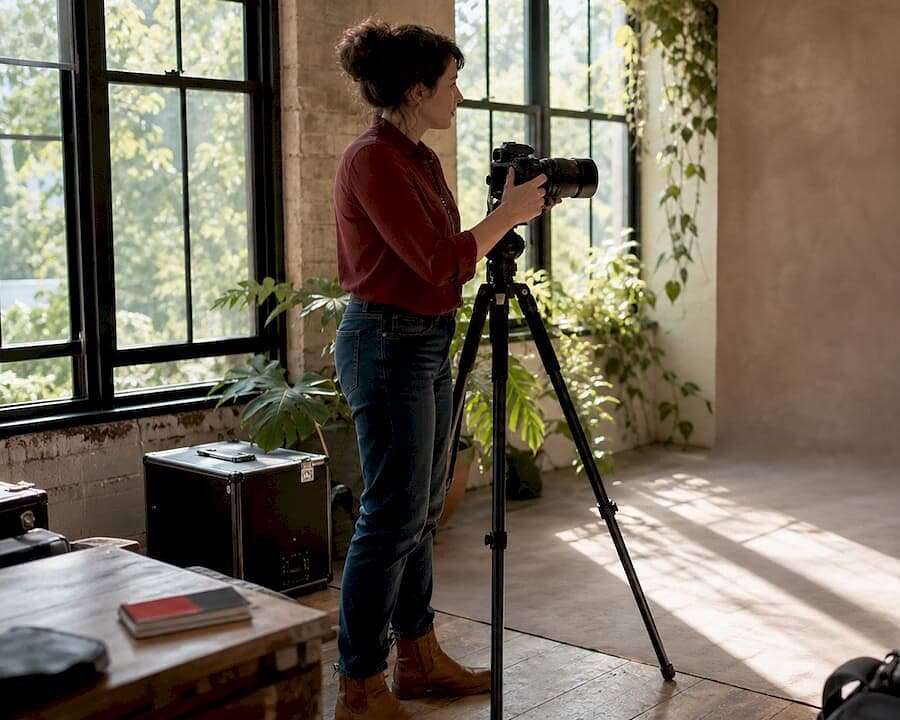 Photographer adjusting camera on commercial shoot set