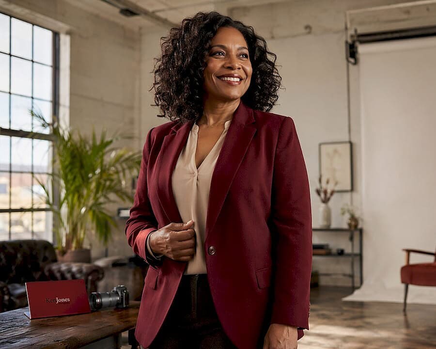 Woman smiling genuinely in portrait studio