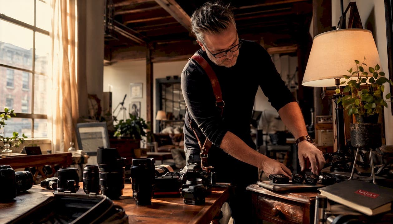 Photographer arranging professional camera gear in NYC studio