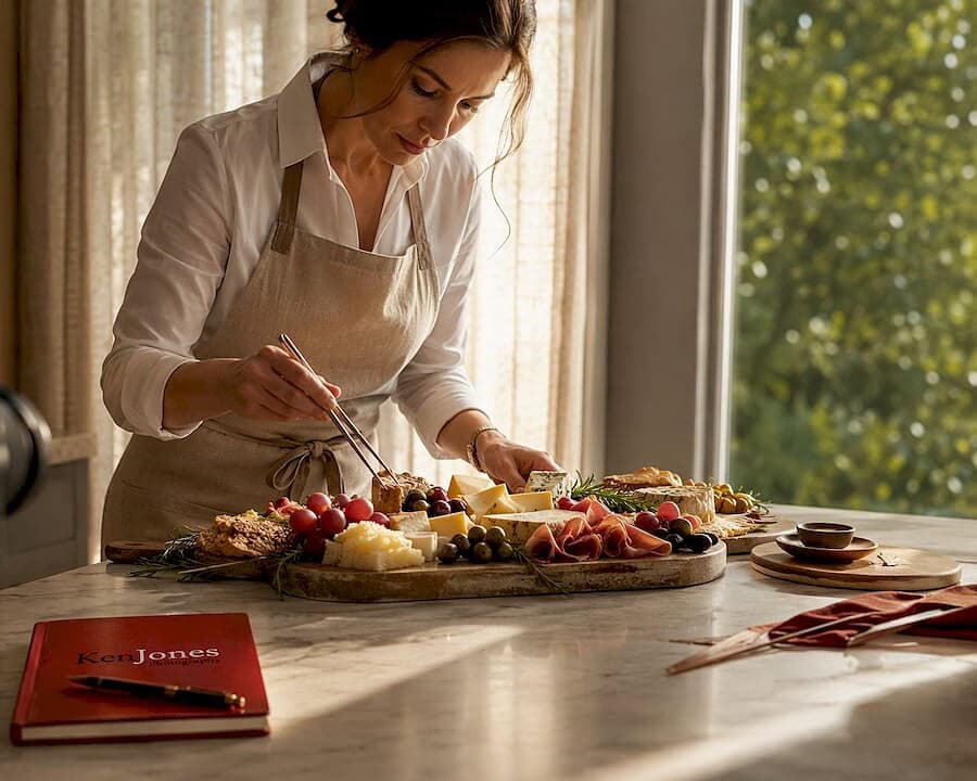 Food stylist preparing gourmet dish in NYC photo studio