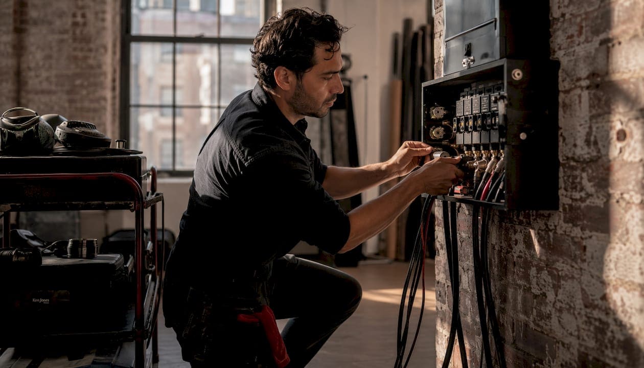 Close-up of plug-in power cables in studio