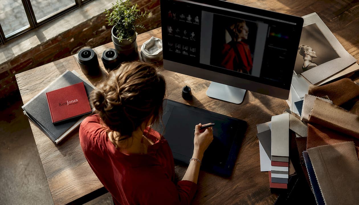 Photo retoucher workspace with tools