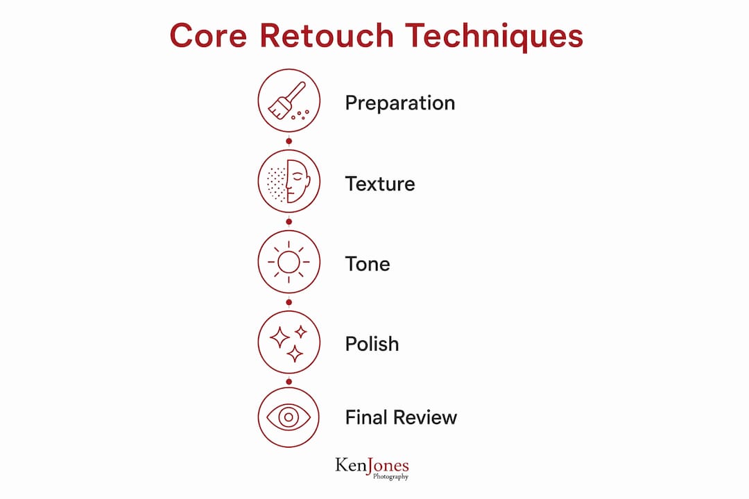 Infographic showing core retouching steps