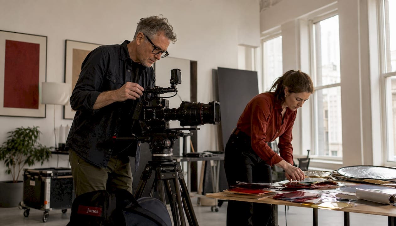 Cinematographer adjusting camera in studio setting