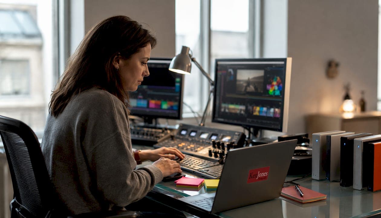 Video editor hands on keyboard in post-production room