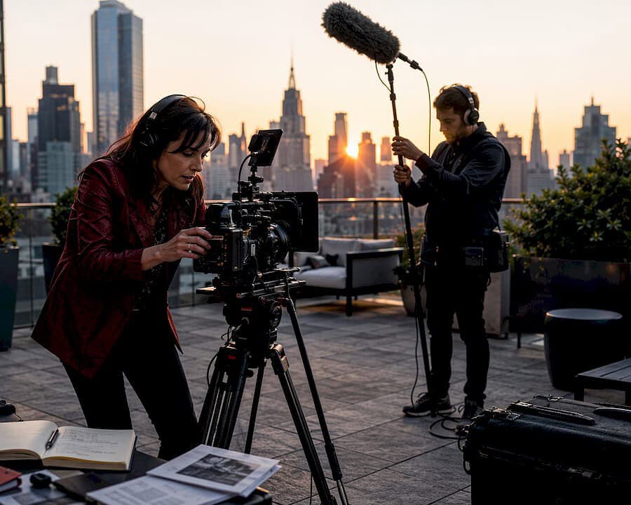 Video production team preparing shoot in NYC office
