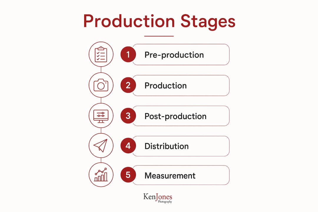 Infographic illustrating five stages of corporate video production