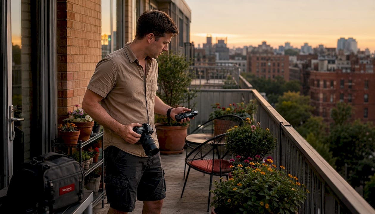 Male photographer scouting urban rooftop for photoshoot