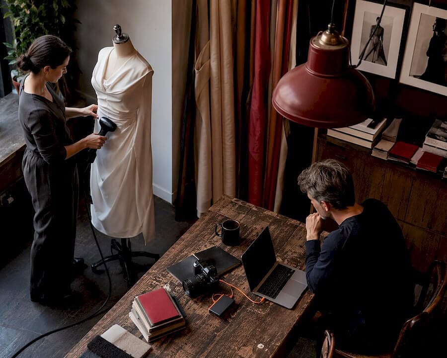Stylist steaming garments in professional studio