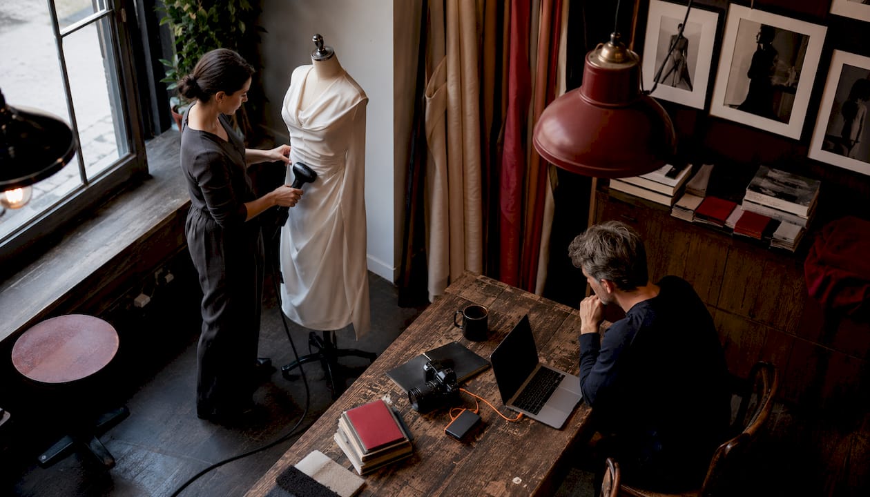 Stylist steaming garments in professional studio