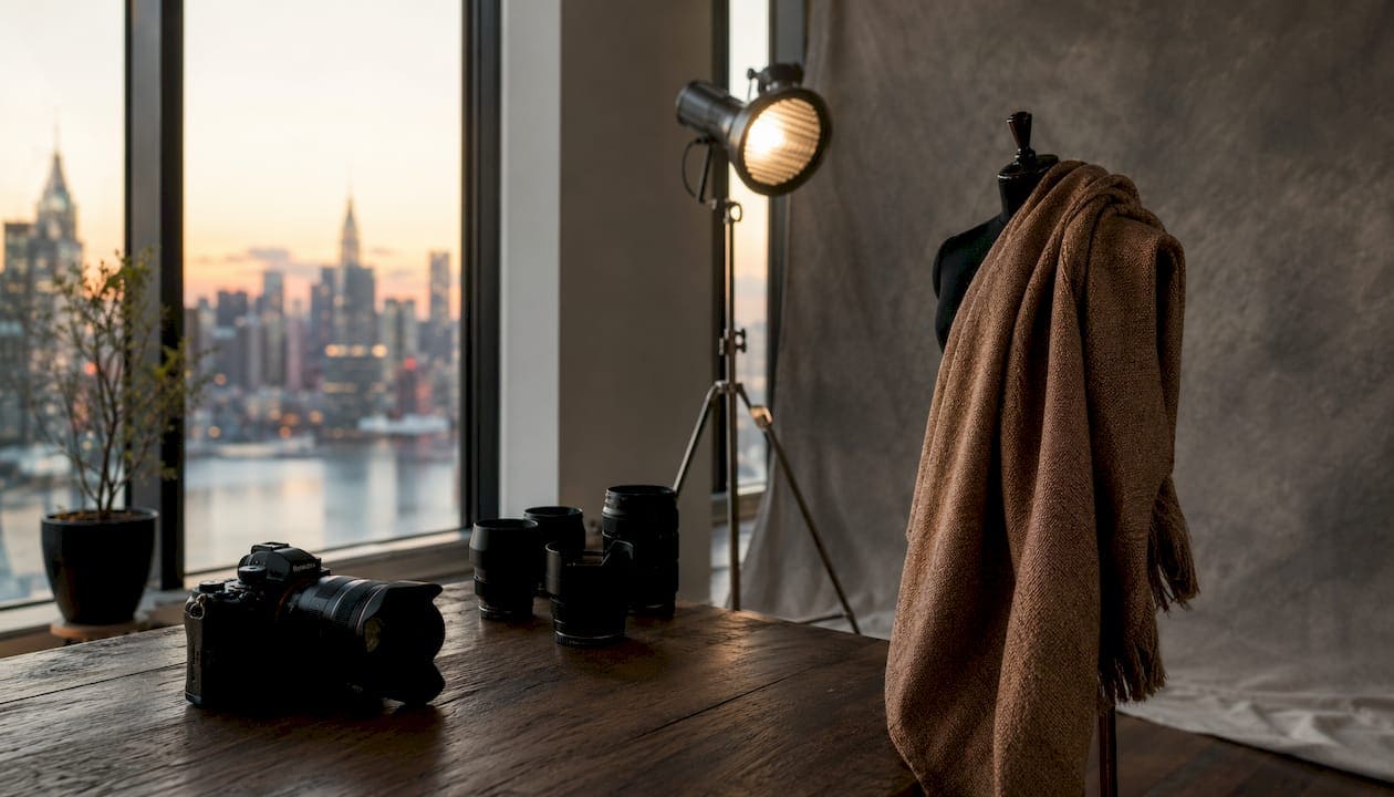 Lighting setup highlighting fabric texture in studio