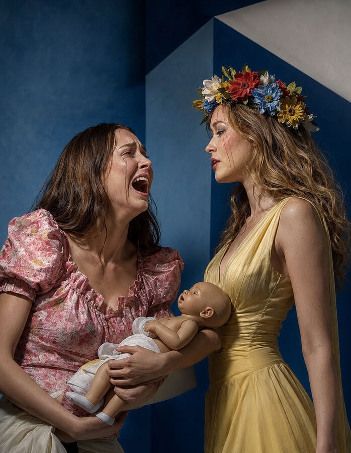 Two women in a dramatic scene; one crying and holding a baby doll, the other in a yellow dress with a floral crown, both with theatrical makeup