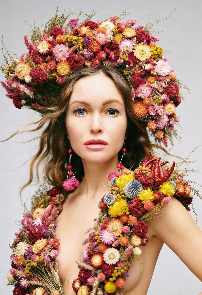 Editorial portrait of a model wearing sculptural floral styling against a clean studio background.