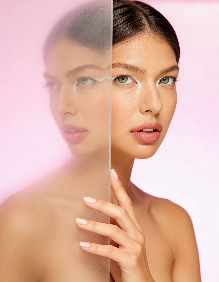 Beauty portrait of a model with a soft reflection on pink background and clean studio light.