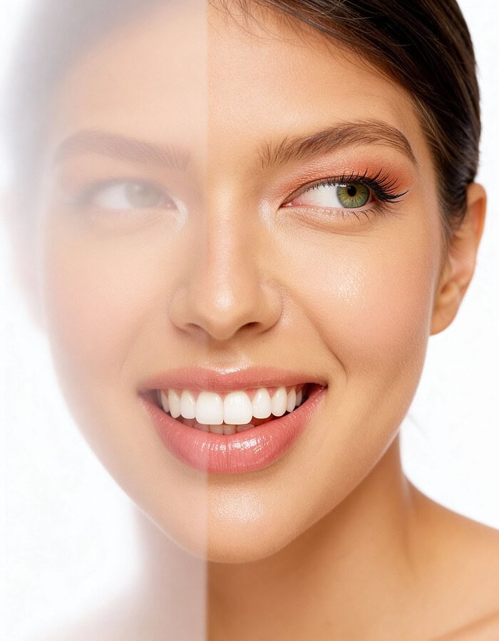 Close beauty portrait of a smiling model seen through a soft translucent reflection.