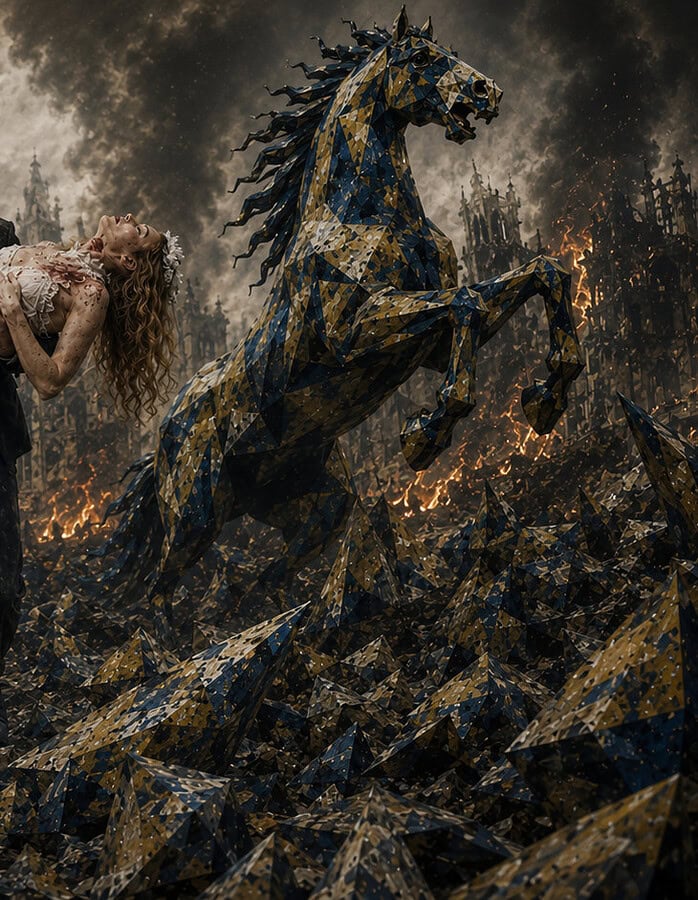 Dramatic digital artwork depicting war's suffering: a grieving woman clutching a baby, a man carrying a wounded woman, amid fire and dark apocalyptic ruins
