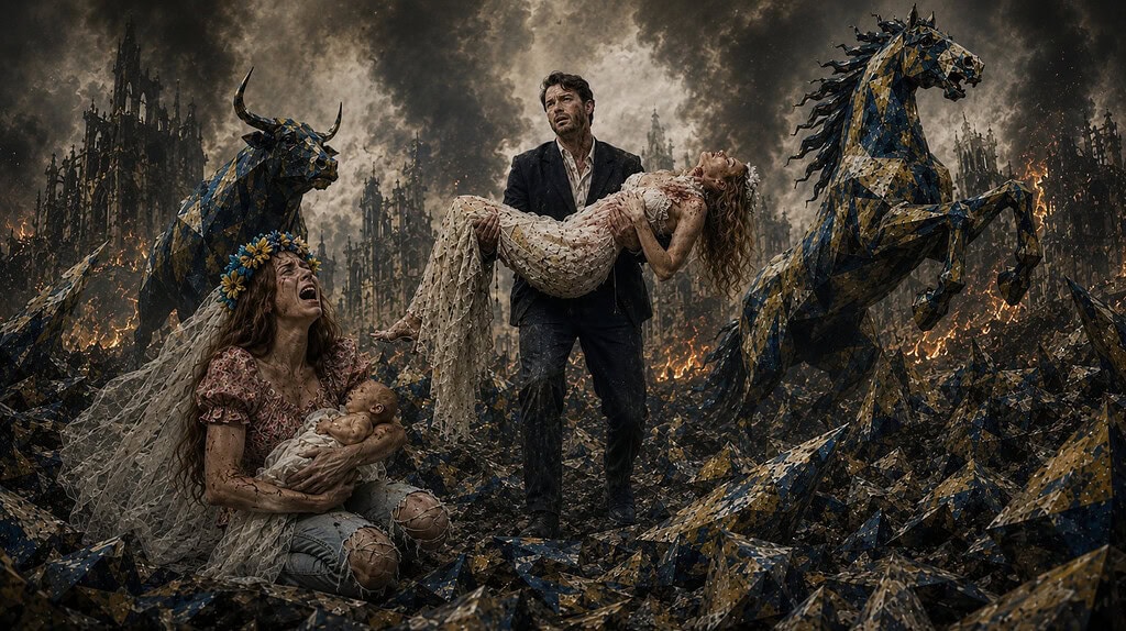 Dramatic digital artwork depicting a grieving woman clutching a baby amid flames, a man carrying an injured woman, surrounded by mosaic bull and horse figures in a apocalyptic landscape