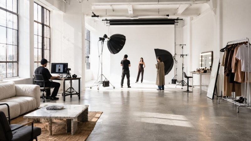 Professional photo studio with a model being photographed in front of a white backdrop, surrounded by lighting equipment and a crew member editing on a computer