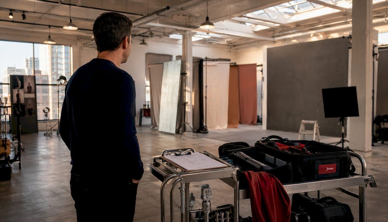 Photographer inspecting rented NYC studio space with production gear