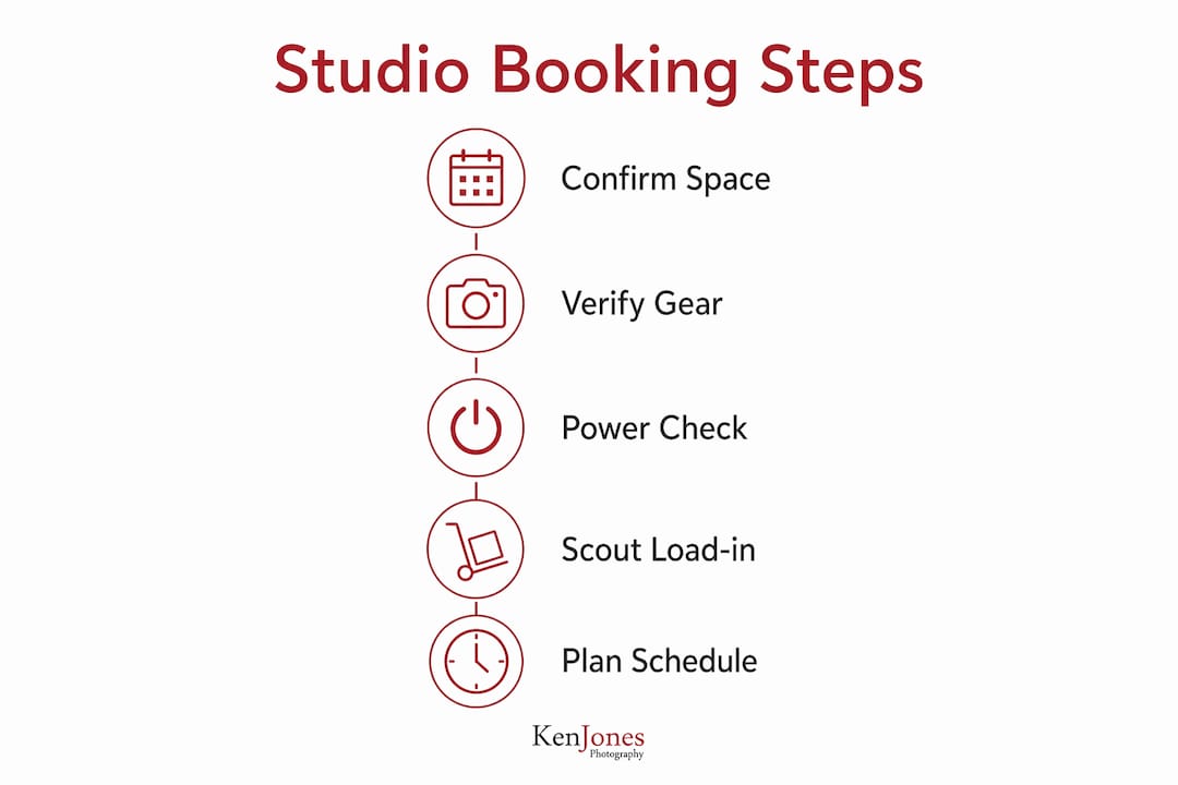 Vertical flow infographic of studio booking checklist steps