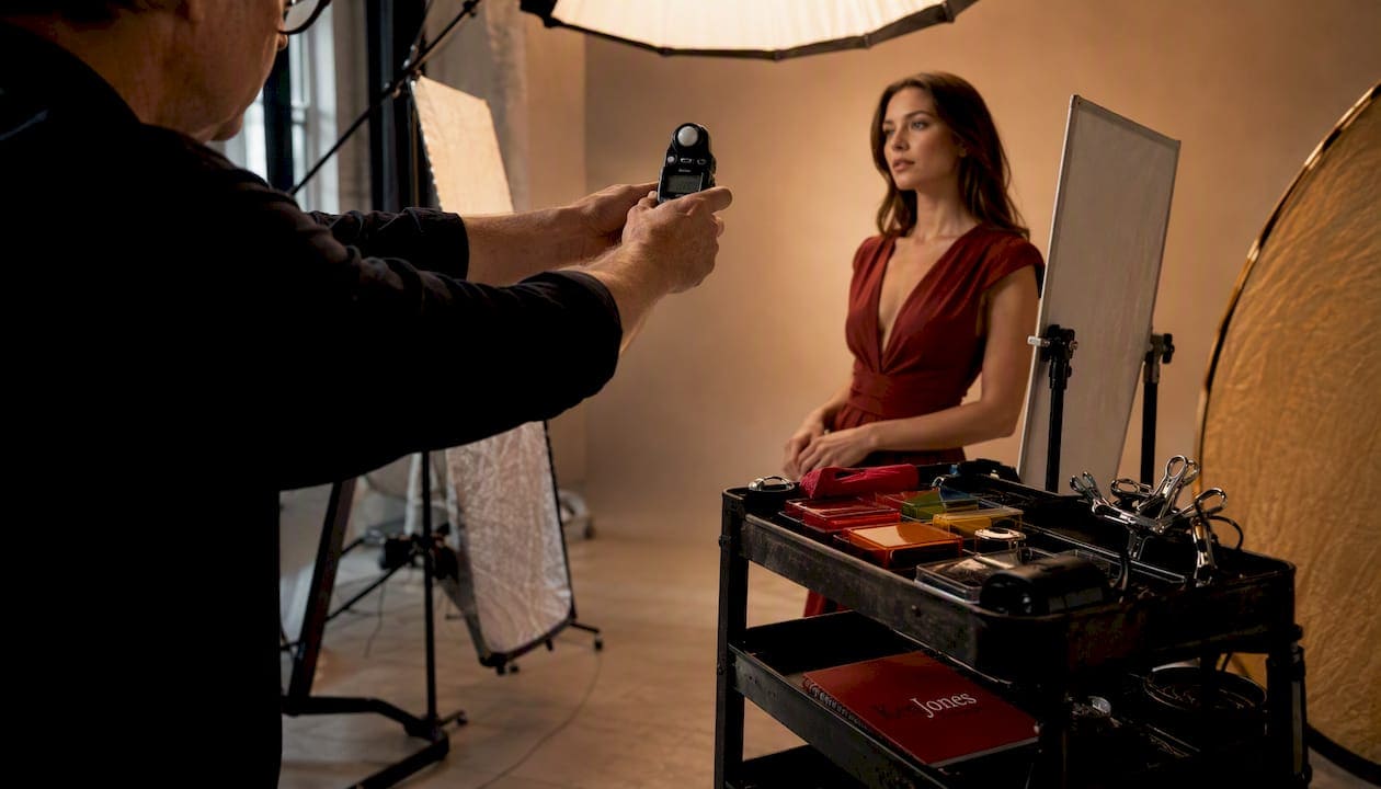 Lighting assistant measuring light in studio composite shoot