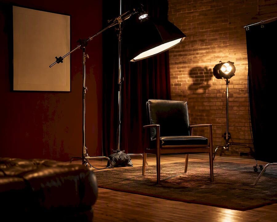 Interview lighting setup with softbox and chair