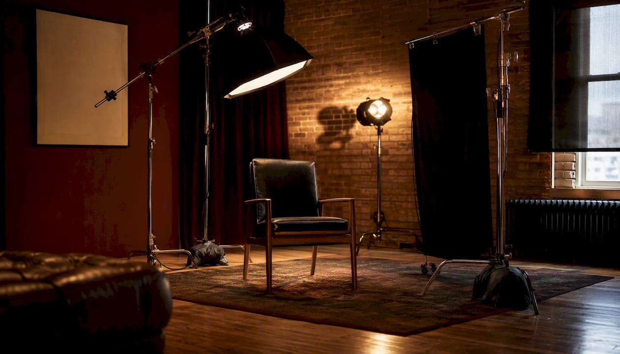 Interview lighting setup with softbox and chair