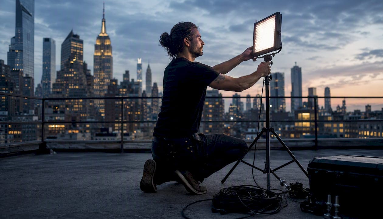 Technician adjusting lighting on NYC rooftop scout