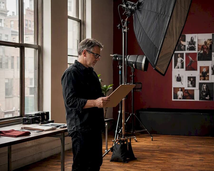 Photographer preparing studio with lighting and layout