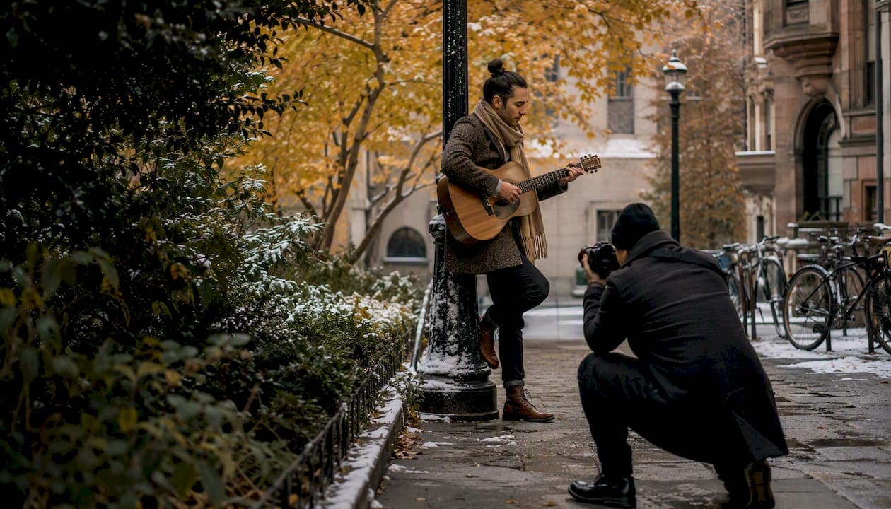 Musician posed on snowy NYC street in winter