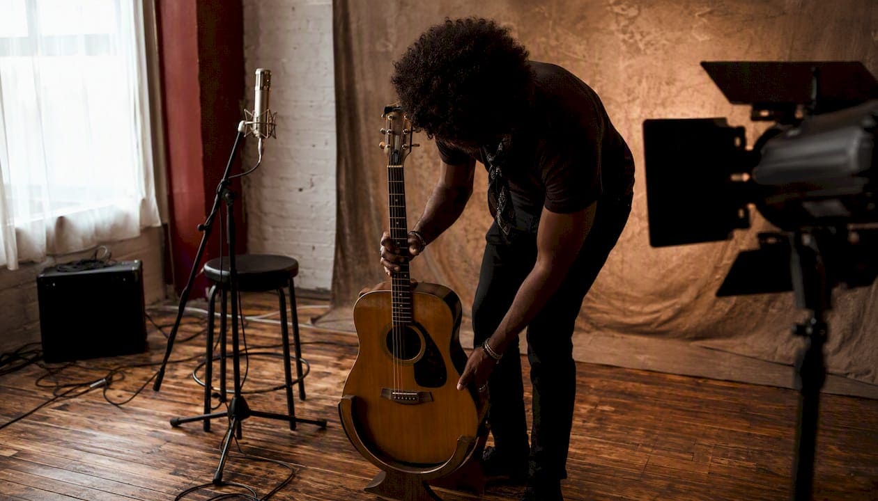 Music artist preparing guitar in studio