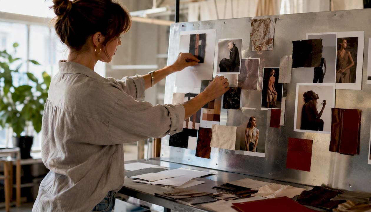 Stylist arranging moodboard photos and swatches