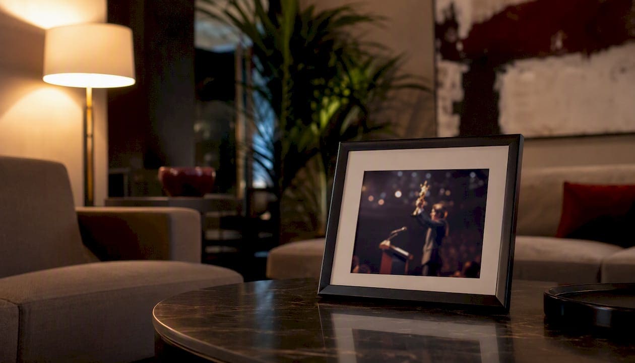 Framed award photo on corporate office desk