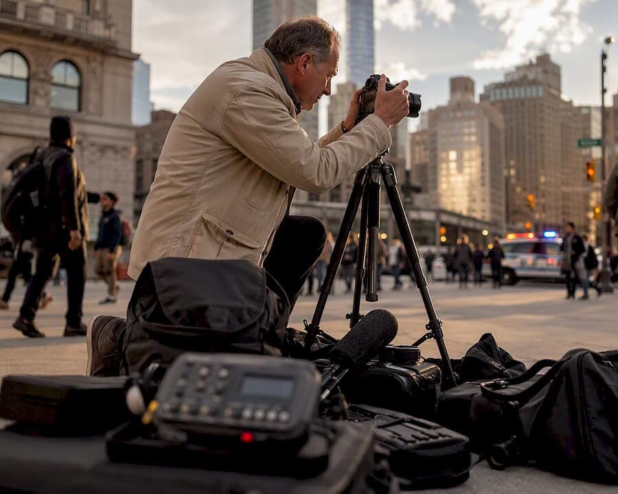 Photographer preparing camera for crisis event shoot