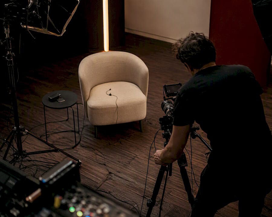 Studio video shoot setup with camera and lighting
