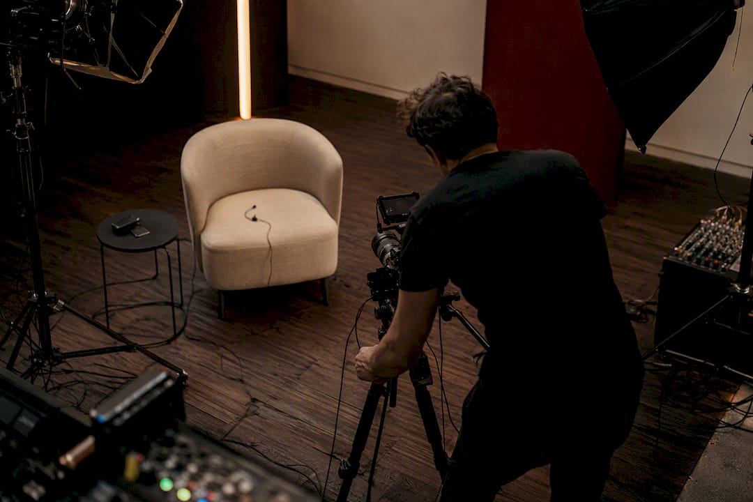 Studio video shoot setup with camera and lighting