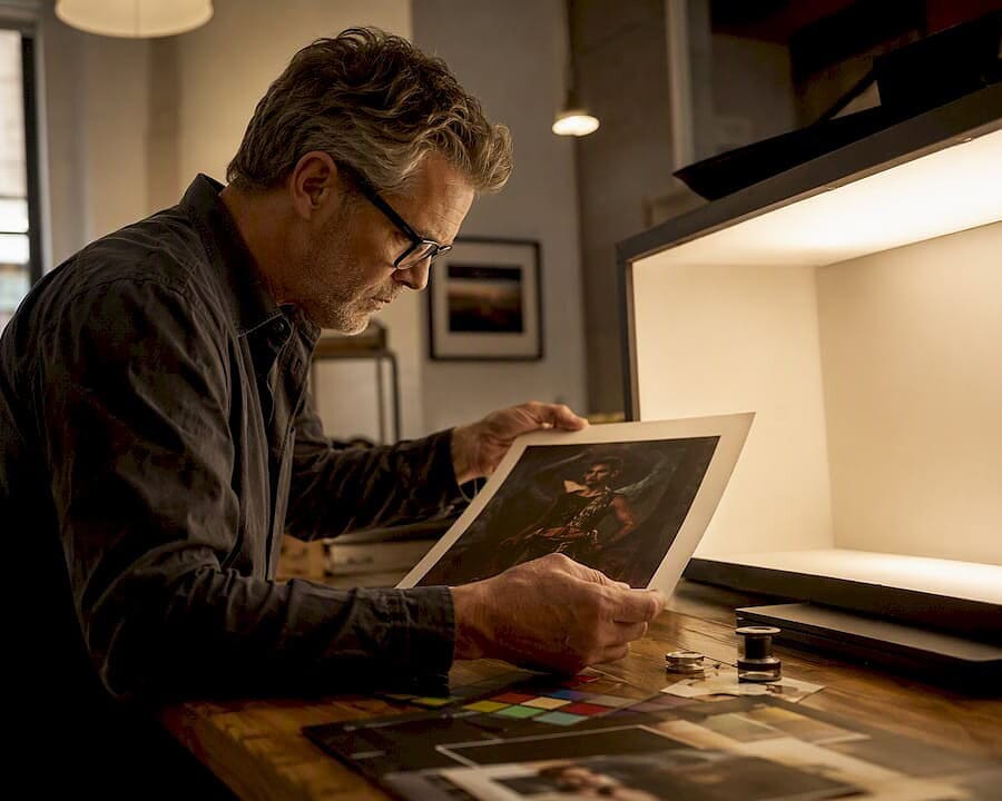 Photographer checking print under color-corrected light