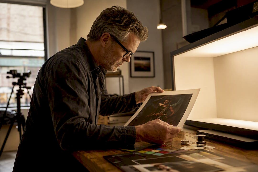Photographer checking print under color-corrected light