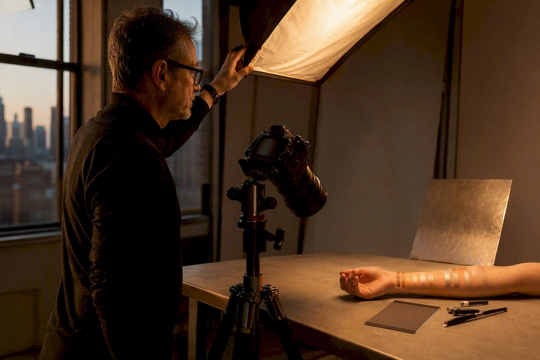 Photographer adjusting light over cosmetics swatch