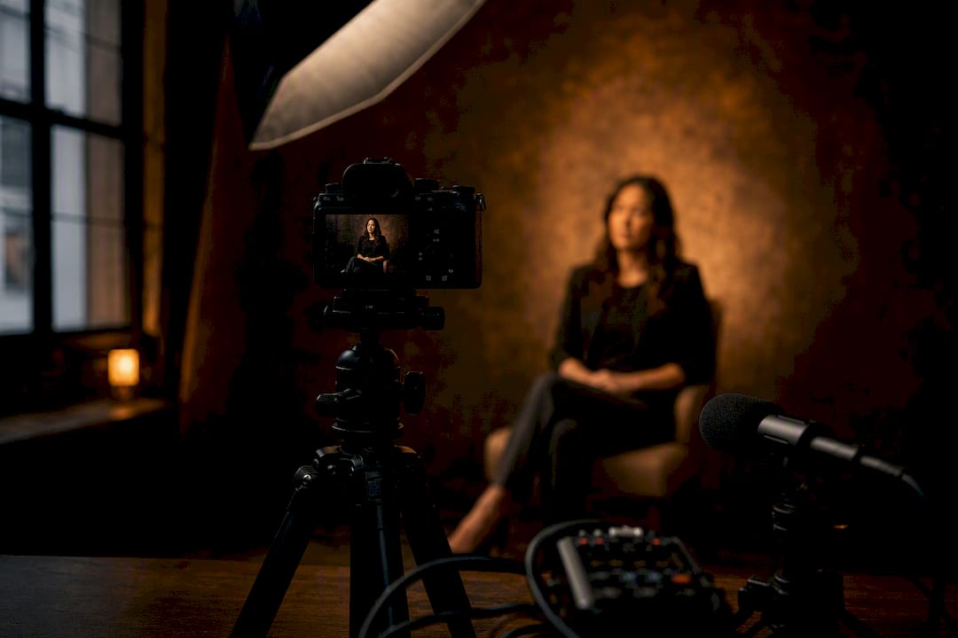 Talking head camera and lighting setup in studio