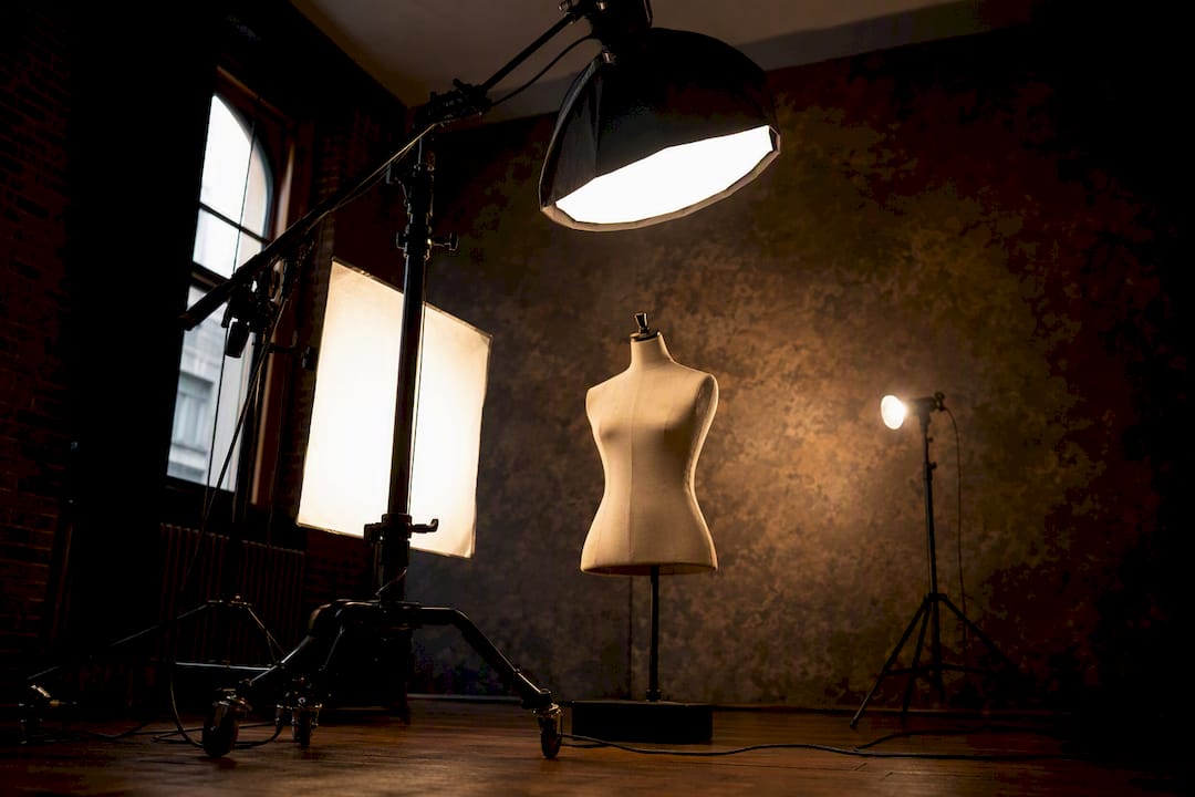 Three-point lighting setup with key, fill, back lights